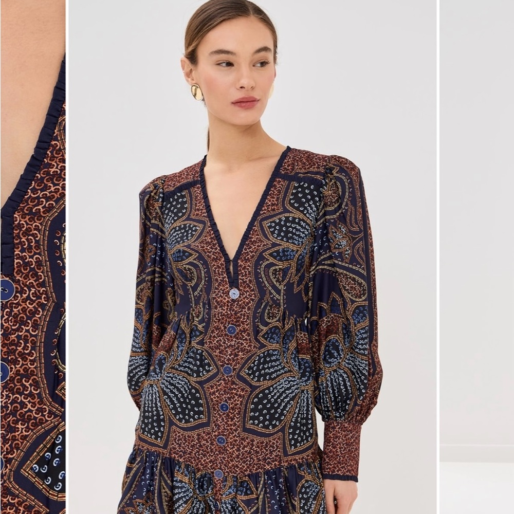 Farm Rio Floral Glam Blue Mini Dress Elegant Navy and Brown patterned top